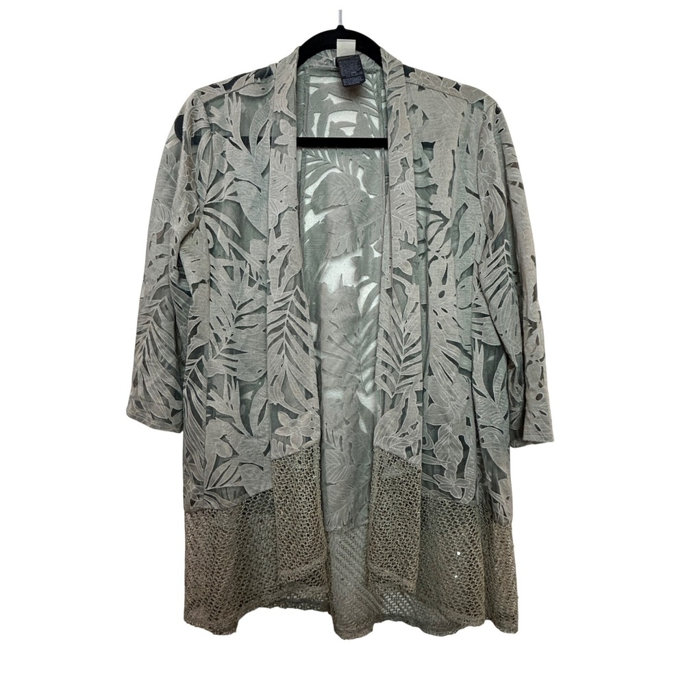 Chico's Travelers Cardigan Womens Medium Sage Green Tropical Burnout Sequin Mesh